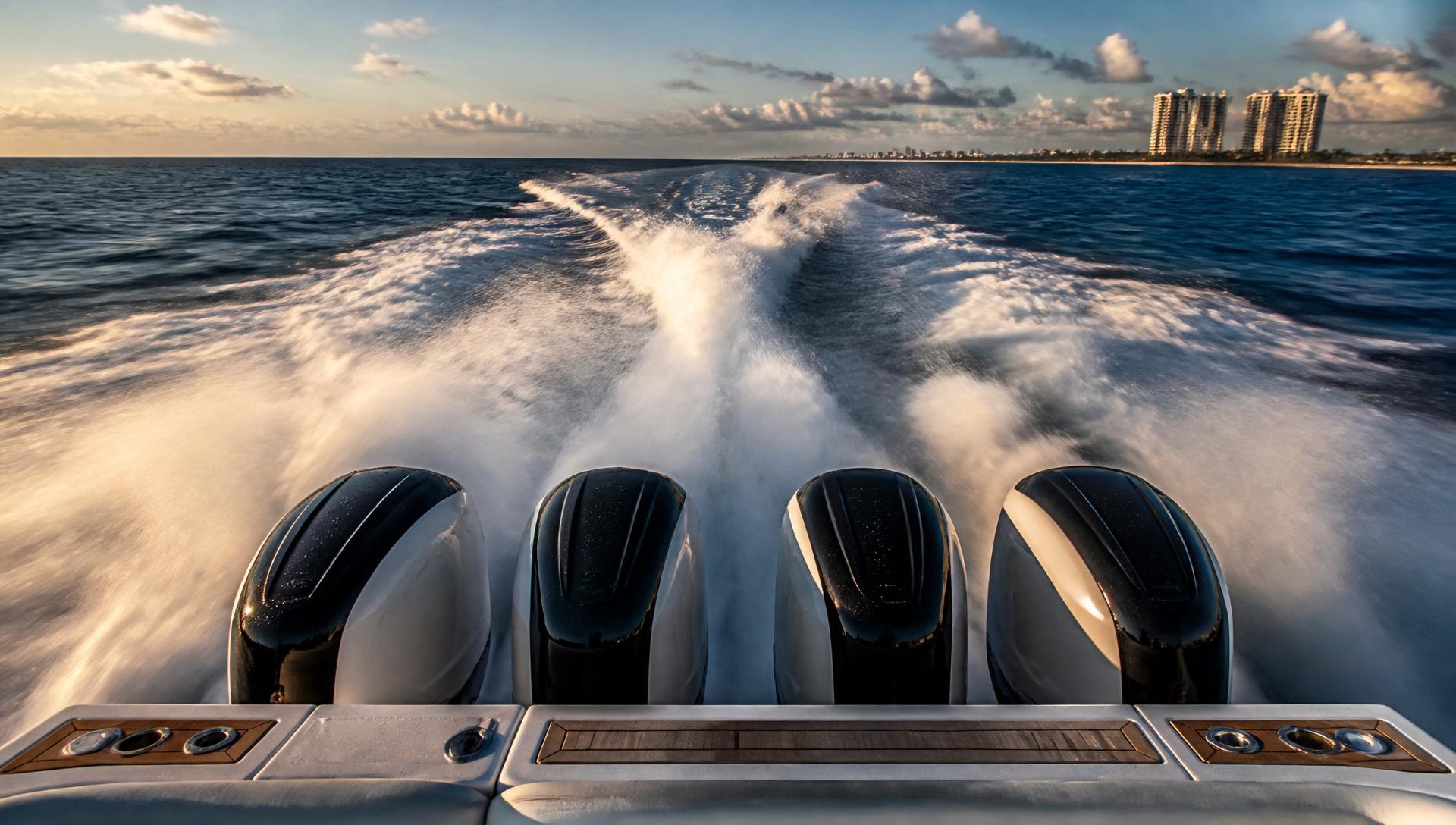 Quad outboards at full throttle, wake spray behind a sport fishing boat off the Florida coast